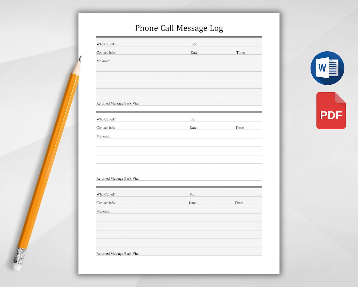 Phone Call Log Template, Telephone Message Record for Office and ...
