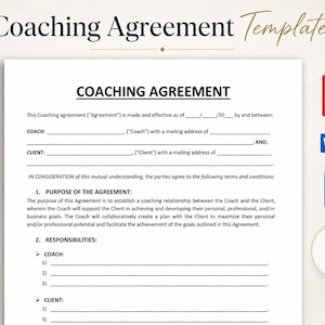 Op de afbeelding: Een Coaching Overeenkomst sjabloon met secties voor coach- en klantgegevens, doel van de overeenkomst en verantwoordelijkheden. Het document bevat PDF-, Word- en Google Docs-pictogrammen en is gemarkeerd als een document van 4 pagina's.
