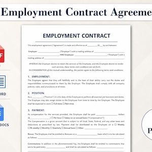 Pode incluir: Um modelo digital de contrato de trabalho com campos em branco para detalhes do empregador e empregado, cargo, condições de pagamento e estruturas de bônus. O documento inclui ícones para formatos de arquivo PDF, MS Word e Google Docs.