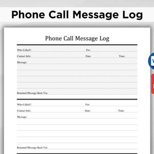 Op de afbeelding: Een printbare telefoonberichtlog-sjabloon in zwart-wit. De sjabloon heeft twee secties voor het registreren van telefoongesprekken, elk met velden voor wie heeft gebeld, contactgegevens, bericht, voor, datum, tijd en teruggestuurd bericht.
