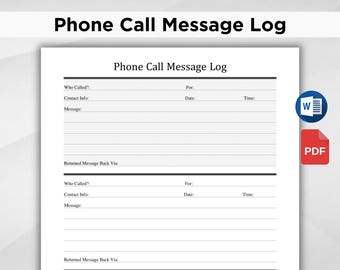 Vorlage für ein Telefonprotokoll, Telefonnachrichtenaufzeichnung für Büro und Kundenservice, bearbeitbare Word-Datei, druckbare PDF-Datei