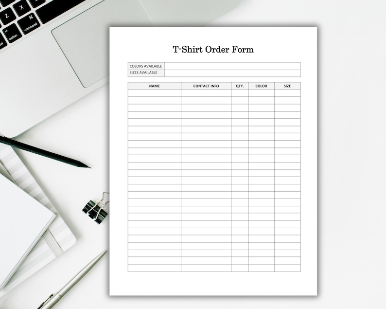May include: A blank T-shirt order form with columns for name, contact info, quantity, color, and size.