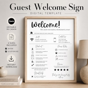 Op de afbeelding: Een digitaal welkomstbord voor gasten in een lichthouten lijst. Het witte bord bevat zwarte tekst waaronder Welcome, Wifi, Contact us, Check out, House Rules en Review. Het bevat iconen voor huis, wifi, telefoon, afval, bed en vijf sterren.