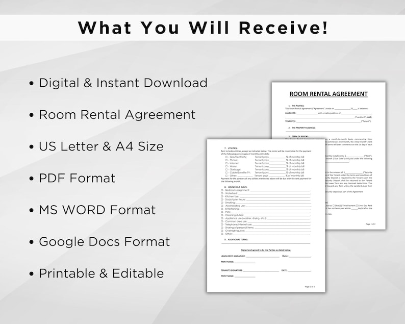 Printable Room Rental Agreement Template. Editable Room Tenancy ...
