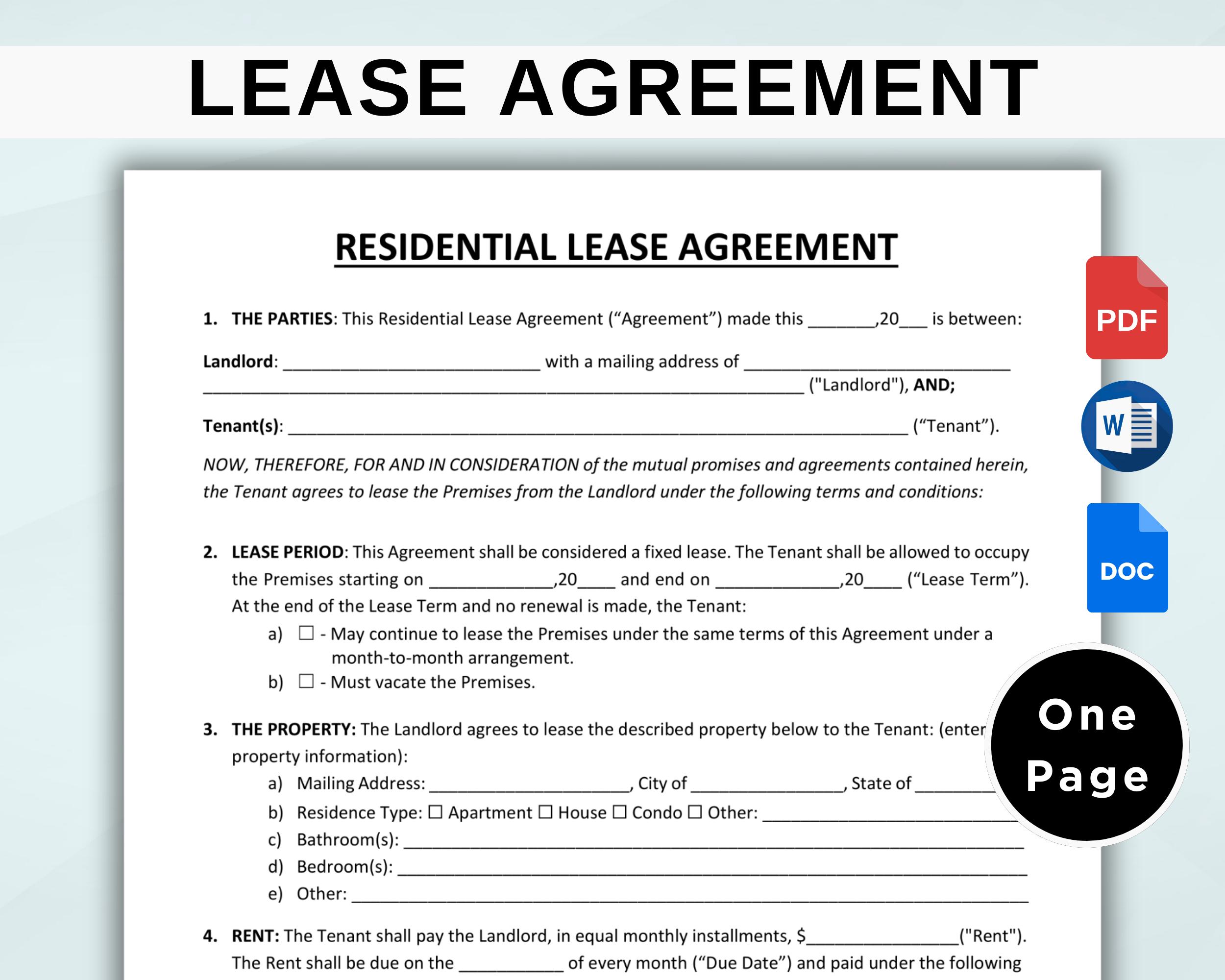 Rental Agreement Template Editable. Simple One Page Lease Agreement ...