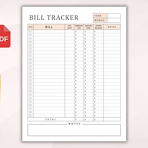 K&ouml;nnte beinhalten: Ein druckbarer Rechnungs-Tracker mit Spalten f&uuml;r Rechnungsname, F&auml;lligkeitstermin, Rechnungsbetrag, bezahlter Betrag, unbezahlter Restbetrag und Notizen. Der Tracker hat einen Bereich f&uuml;r die Summe und einen Notizbereich am unteren Rand.