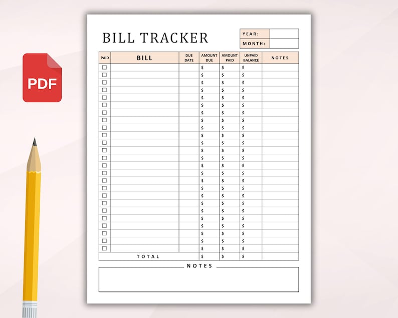 K&ouml;nnte beinhalten: Ein druckbarer Rechnungs-Tracker mit Spalten f&uuml;r Rechnungsname, F&auml;lligkeitstermin, Rechnungsbetrag, bezahlter Betrag, unbezahlter Restbetrag und Notizen. Der Tracker hat einen Bereich f&uuml;r die Summe und einen Notizbereich am unteren Rand.
