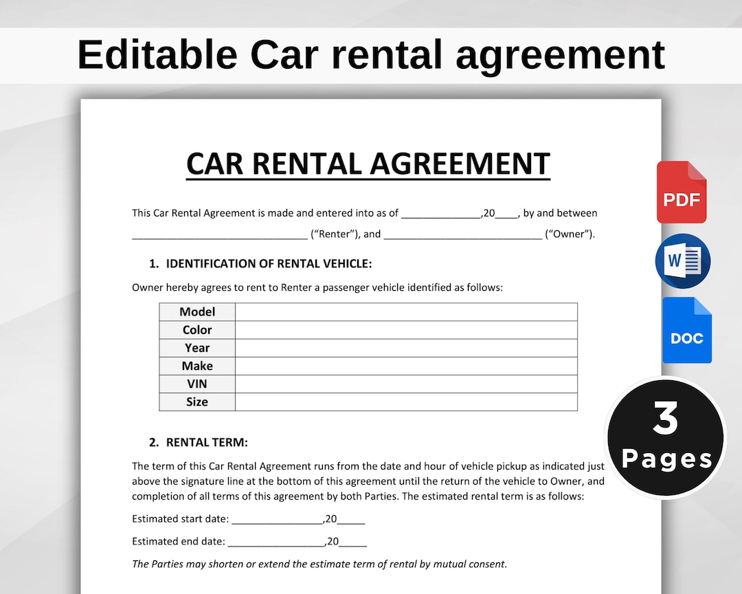 Car Rental Agreement Template, Editable Vehicle Rental Contract ...