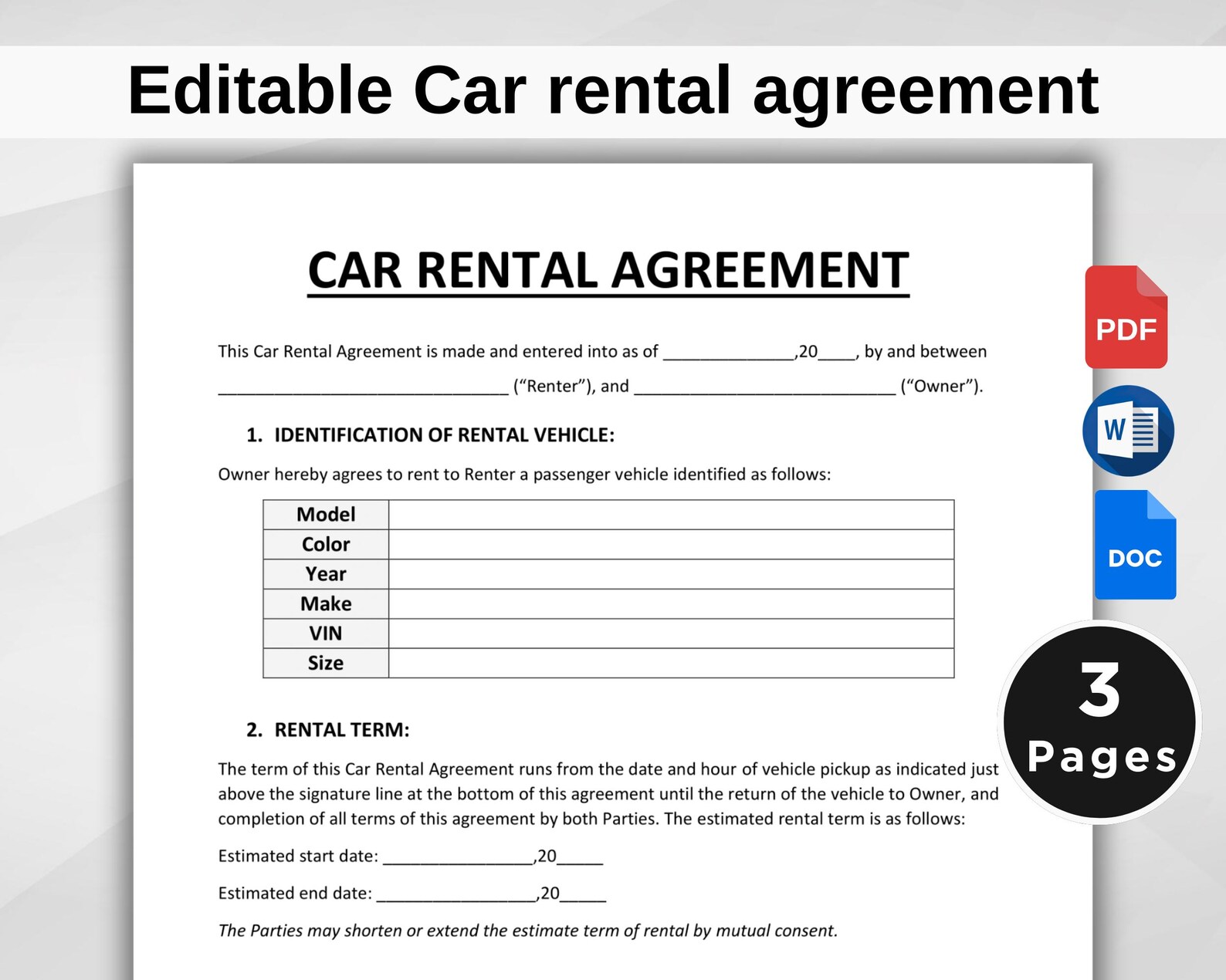 Editable Car Rental Agreement Template. Car Rental Contract. Printable ...