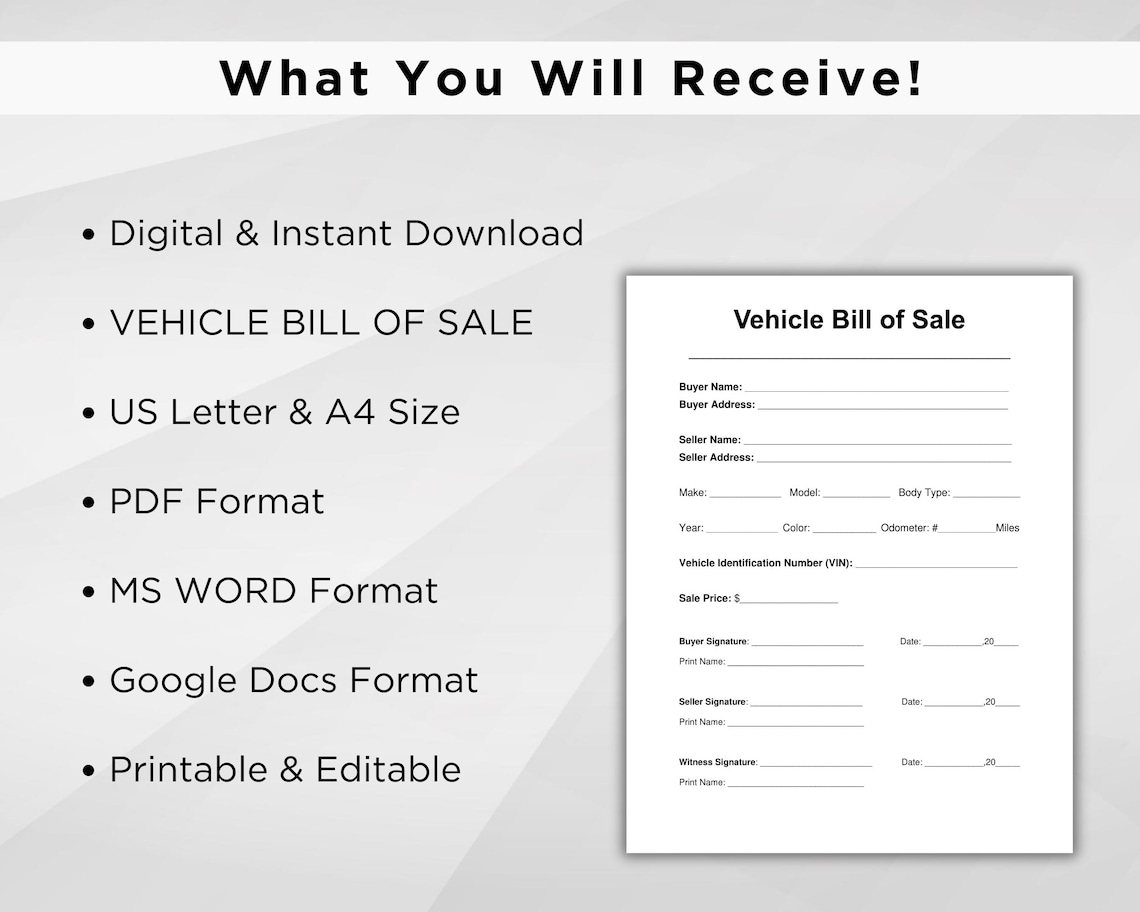Printable Vehicle Bill of Sale. Motor Vehicle Sale Contract. Auto Bill ...
