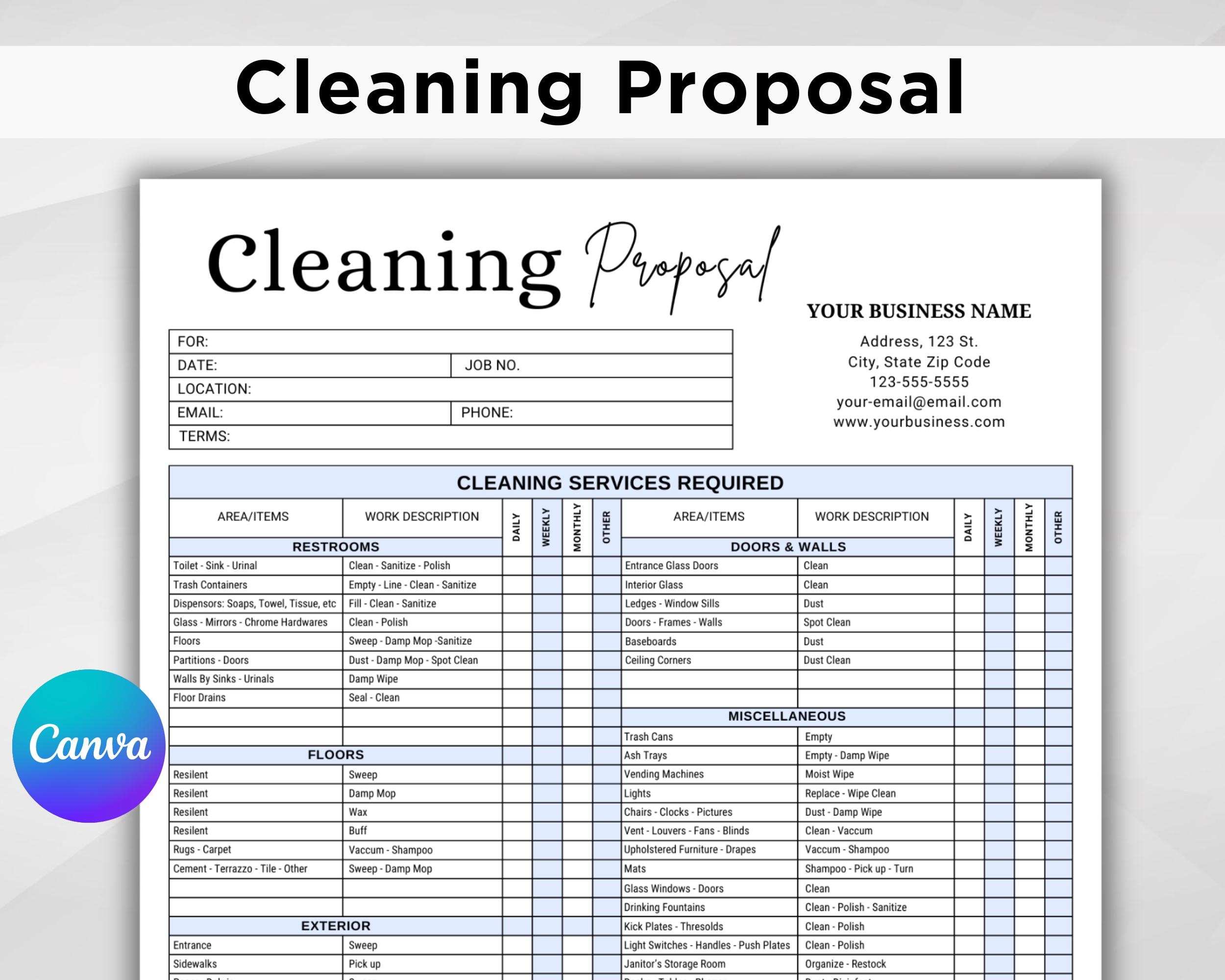Editable Cleaning Proposal Templates. Cleaning Service Proposal. Business Cleaning Service. Housekeeping. Cleaning Estimate. Canva Template