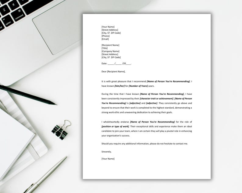 Personal Reference Letter Template. Printable Letter of Recommendation ...