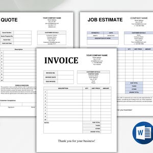 May include: A set of three printable business templates for a quote, job estimate, and invoice. The templates are in a simple, modern design with a blue and gray color scheme. The templates include sections for customer details, description of work, quantity, unit price, amount, sub-total, taxes, other, and grand total.