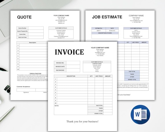 Editable Invoice Template. Job Estimate Template. Quote Template. Customizable Small Business Template. Printable Invoice Form. Word Invoice