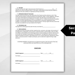 Pode incluir: Um documento legal intitulado "Segunda p&aacute;gina" com se&ccedil;&otilde;es para assinaturas, entrega, declara&ccedil;&otilde;es do vendedor, lei aplic&aacute;vel e miscel&acirc;nea. O documento inclui espa&ccedil;os em branco para as assinaturas do vendedor e do comprador, nomes impressos e datas.
