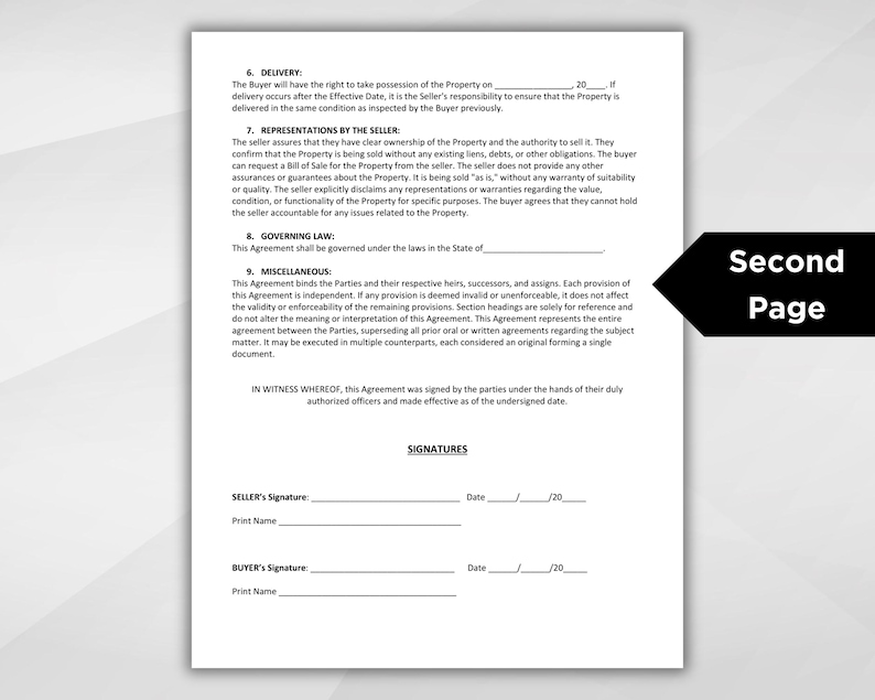 Pode incluir: Um documento legal intitulado "Segunda p&aacute;gina" com se&ccedil;&otilde;es para assinaturas, entrega, declara&ccedil;&otilde;es do vendedor, lei aplic&aacute;vel e miscel&acirc;nea. O documento inclui espa&ccedil;os em branco para as assinaturas do vendedor e do comprador, nomes impressos e datas.