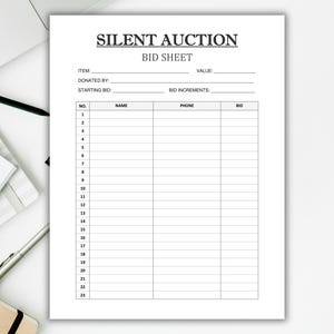 以下が含まれることがあります： 「サイレントオークション入札シート」というタイトルの白黒のサイレントオークション入札シート。シートには、アイテム番号、名前、電話番号、入札の列があります。入札者が記入できる行が23行あります。