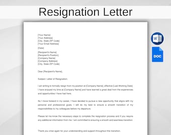 Resignation Letter Template. Resignation Letter. Resignation Template. Resignation Letter Template. Google Docs/Word Template. Simple Letter