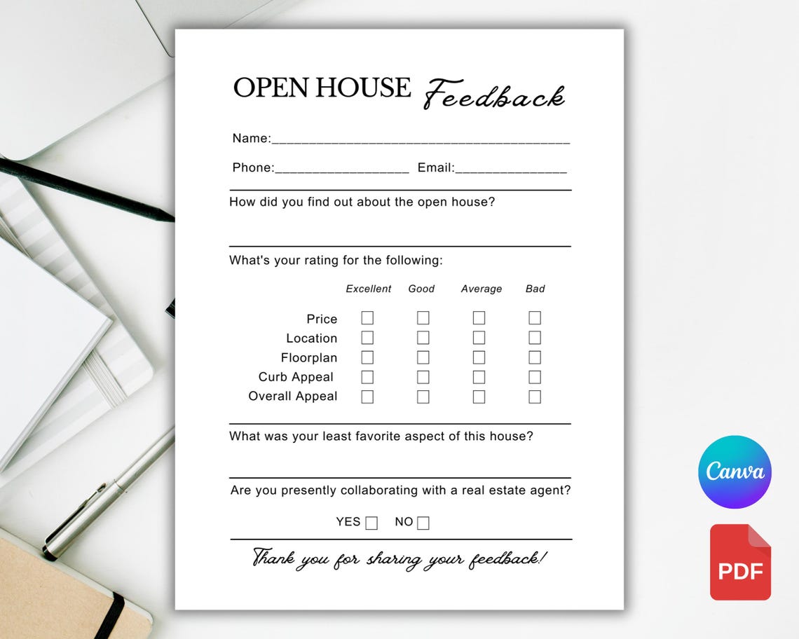 Open House Feedback Form. Printable Real Estate Open House. Questionnaire Realtor Open House ...