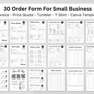 May include: A set of 30 printable order forms for small businesses. The forms include invoices, price quotes, mug, t-shirt, ornament, mask, and tumbler order forms, a receipt, price list, product inventory, order tracker, monthly budget tracker, and expense tracker. The forms are designed in a minimalist style with black text on a white background.