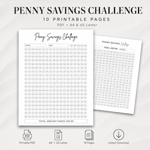 Può includere: Un set di 10 pagine stampabili Penny Savings Challenge in formato PDF, compatibili con i formati A4 e US Letter. I fogli presentano file di cerchi contenenti valori monetari incrementali e campi per le date di inizio e fine.