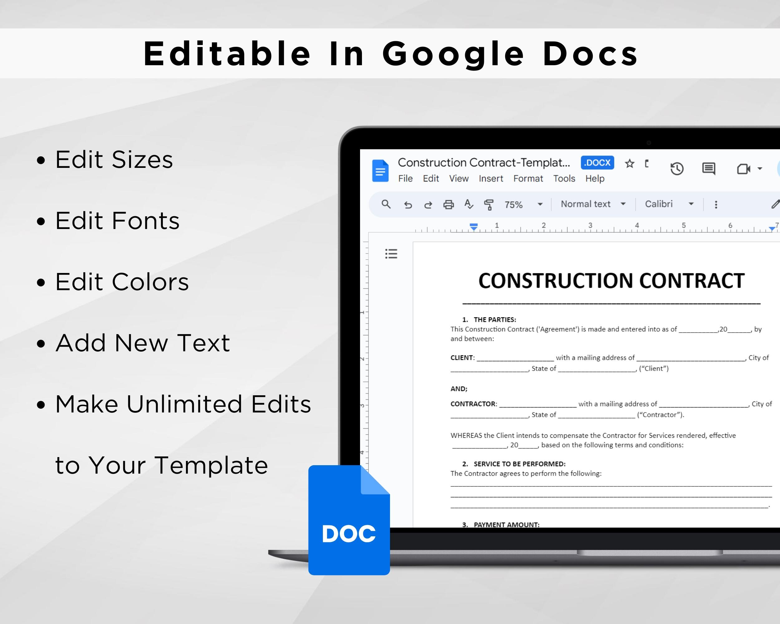 Construction Contract Form, Editable Construction Agreement Template ...