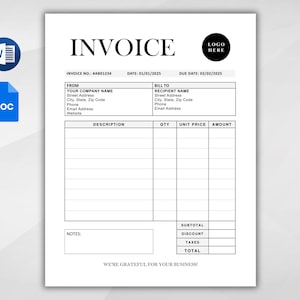 K&ouml;nnte beinhalten: Eine schwarz-wei&szlig;e Rechnungsvorlage mit dem Wort "INVOICE" oben. Die Vorlage enth&auml;lt Felder f&uuml;r Rechnungsnummer, Datum, F&auml;lligkeit, von, an, Beschreibung, Menge, Einzelpreis, Betrag, Zwischensumme, Rabatt, Steuern und Gesamtbetrag. Die Vorlage enth&auml;lt auch einen Notizbereich und den Text "WE'RE GRATEFUL FOR YOUR BUSINESS!"