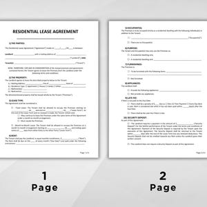 May include: A two-page legal document titled "Residential Lease Agreement". The document outlines the terms and conditions of a lease agreement between a landlord and a tenant. The document includes sections on the parties, the property, the lease type, rent, security deposit, and late fees.