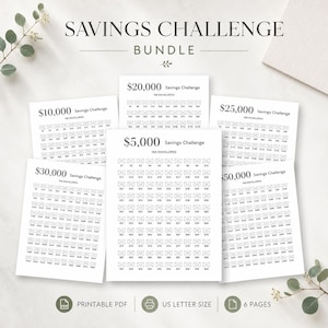 May include: A Savings Challenge Bundle featuring six printable pages with black text on white paper. Each page displays a specific savings goal ranging from $5,000 to $50,000, organized into 100 individual envelope icons with dollar amounts.