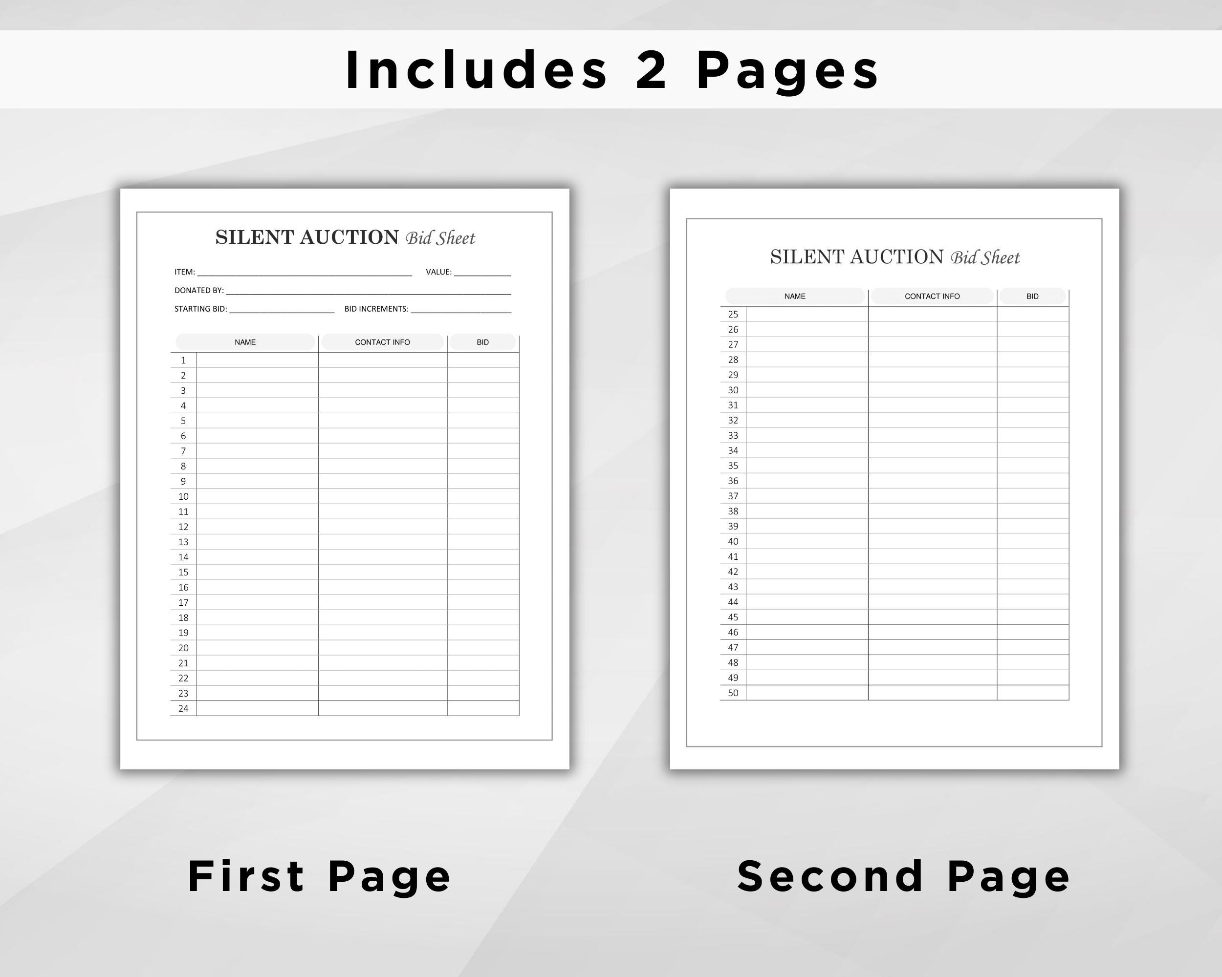 Editable Silent Auction Bid Sheet Template, Printable Auction Sign up ...