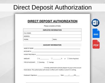Direct Deposit Authorization. Printable Employee Direct Deposit Form. HR Template. Editable Word/Google Docs/PDF. Instant Download.