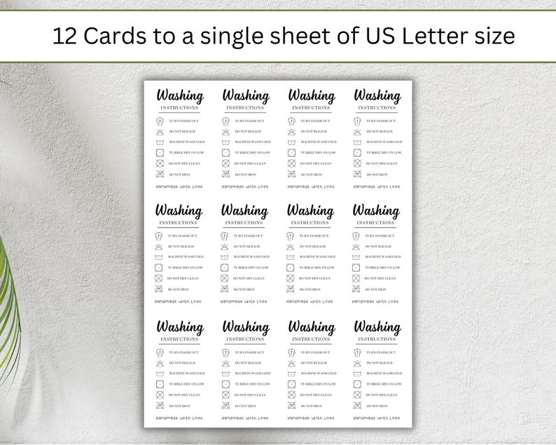 May include: Twelve printable cards with washing instructions. Each card features a set of laundry symbols and the text "Washing Instructions".