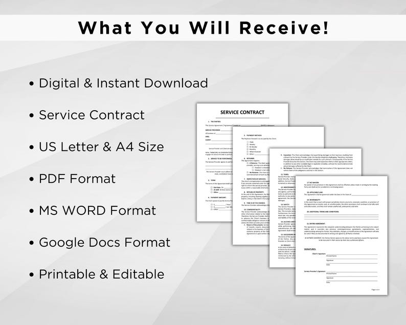 May include: A digital download of a service contract template in PDF, MS Word, and Google Docs formats. The contract is printable and editable in US Letter and A4 sizes.