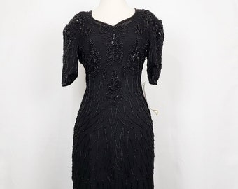 80s Dress Black Sequined Beaded Cocktail Misses M Vintage New Deadstock