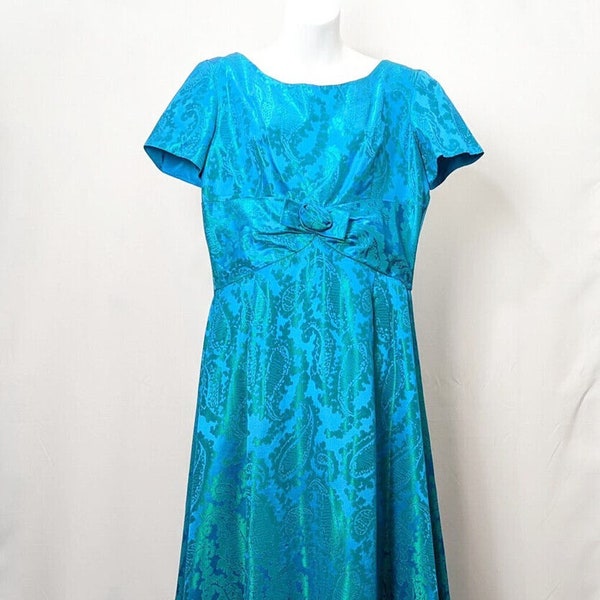 50s Gown Emma Domb Aqua Blue Green Brocade Long Dress Misses 16 Vintage