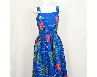 80s Sundress Blue Hawaiian Floral Print Midi Misses 8 Vintage