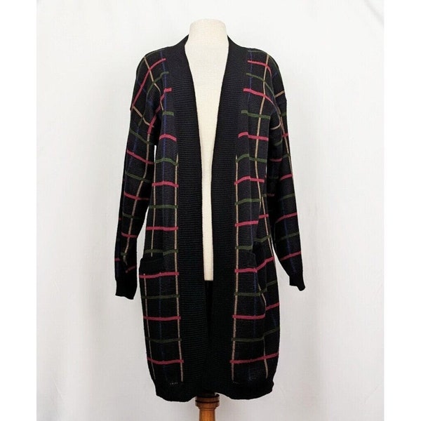 80s Cardigan Sweater Black Windowpane Plaid Longline Misses L Vintage