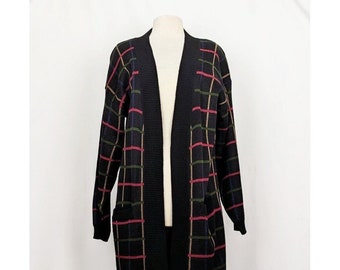 80s Cardigan Sweater Black Windowpane Plaid Longline Misses L Vintage