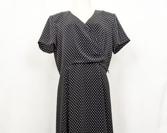 Vintage 80s Dress Black White Polka Dots Surplice Bodice Misses Size 12