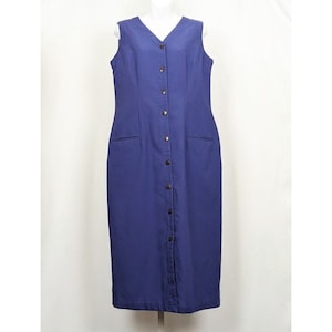 Vintage 90s Jumper Dress Blue Midi Length Button Front Misses Size 14