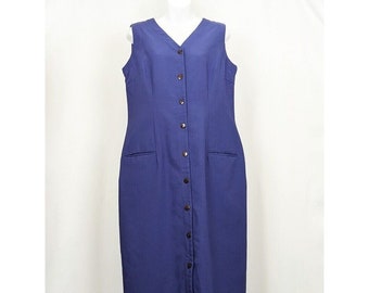 Vintage 90s Jumper Dress Blue Midi Length Button Front Misses Size 14