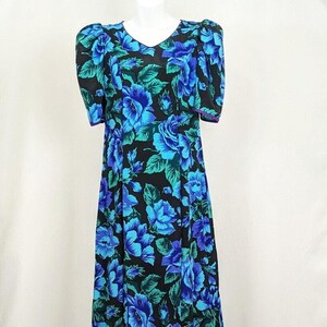 Vintage 80s Dress Black Purple Floral Ruffle Maxi Hawaiian Muumuu Size S