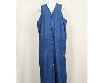 90s Dress Blue Denim Jumper Long Maxi Sleeveless Misses MT Medium Tall Vintage