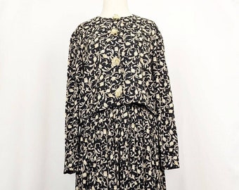 Vintage 90s Top Skirt Set Black Cream Floral Rayon Midi Misses 8 Damon II