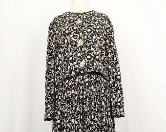 Vintage 90er Jahre Top Rock Set Schwarz Creme Floral Viskose Damengröße 8