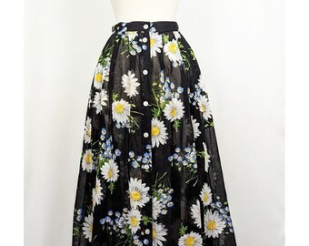 Falda de los años 90 Margaritas florales negras Sheer Midi Algodón Misses 8 Lizsport Vintage