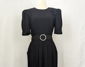 Vintage 80s Dress Black Cocktail Evening Belted 40s Style Misses 8