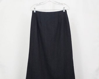 Vintage 90s Skirt Gray Wool Stripe Straight Fringe Hem Midi Misses Size 8