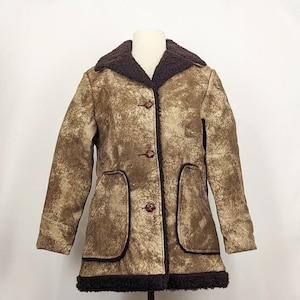 Vintage 80s Coat Brown Rancher Faux Suede Fur Sherpa Misses Size M