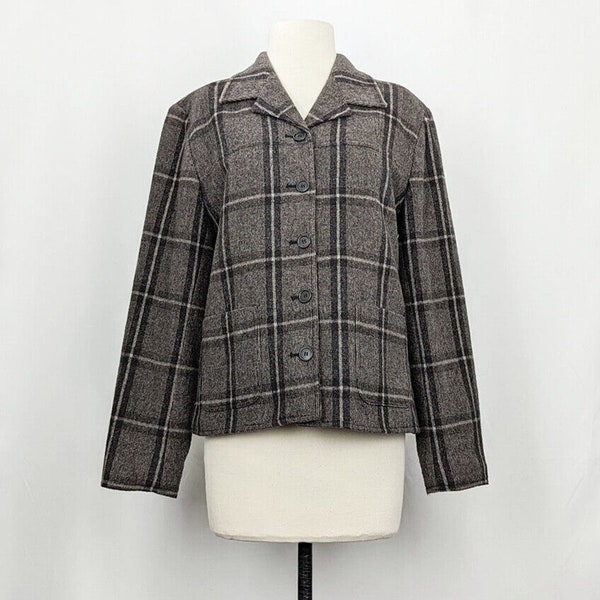 Vintage 90s Jacket Gray Plaid Button Front Acrylic Blend Lined Misses Size 8